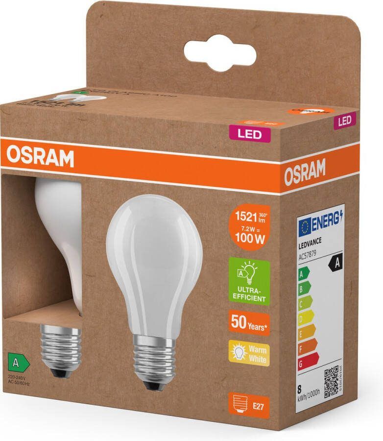 Osram LED Superstar Classic LED-Lampe A 100 in klassischer Kolbenform aus gefrostetem Glas 7.2 W 1521 lm E27 Fassung 2700 K für warmweißes Licht EEK A 60 mm Durchmesser 2-Pack