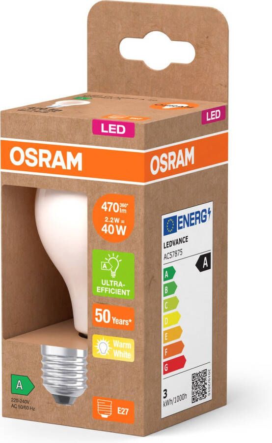 Osram LED Superstar Classic LED-Lampe A 40 in klassischer Kolbenform aus gefrostetem Glas 2.2 W 470 lm E27 Fassung 2700 K für warmweißes Licht EEK A 60 mm Durchmesser