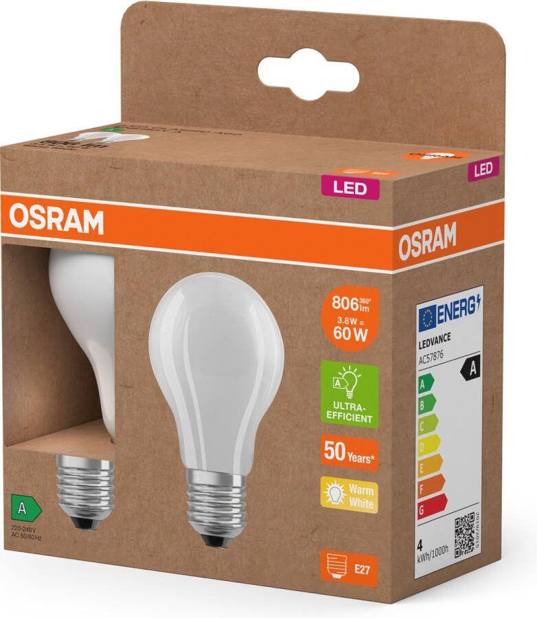 Osram LED Superstar Classic LED-Lampe A 60 in klassischer Kolbenform aus gefrostetem Glas 3.8 W 806 lm E27 Fassung warmweißes Licht mit 2700 K EEK A 60 mm Durchmesser. 2er-Pack