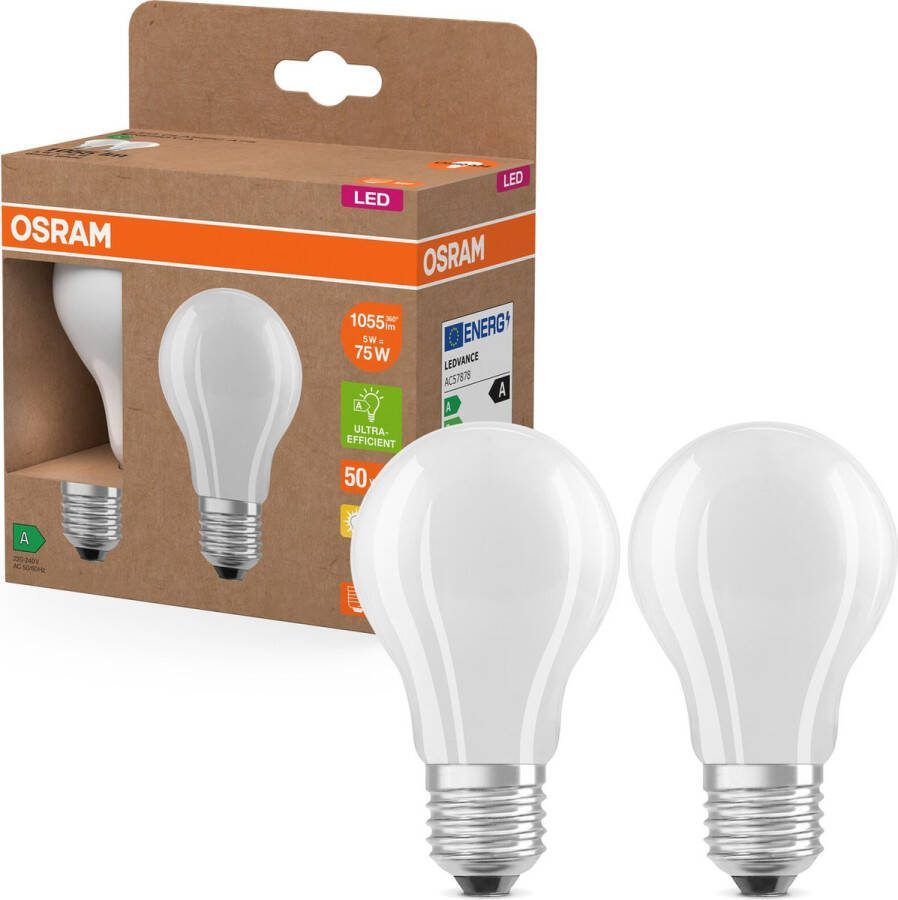 Osram LED Superstar Classic LED-Lampe A 75 in klassischer Kolbenform aus gefrostetem Glas 5 W 1055 lm E27 Fassung warmweißes Licht mit 2700 K EEK A 60 mm Durchmesser 2er-Pack