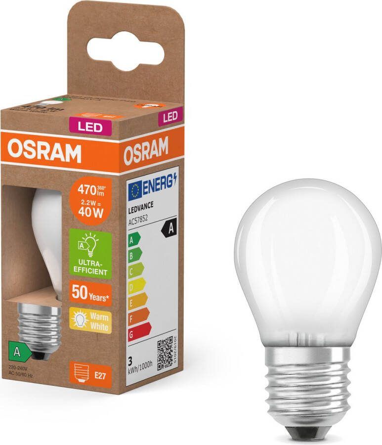 Osram LED Superstar Classic LED-Lampe P 40 in klassischer Miniballform aus gefrostetem Glas 2.2 W 470 lm E27 Fassung warmweißes Licht mit 2700 K EEK A 45 mm Durchmesser