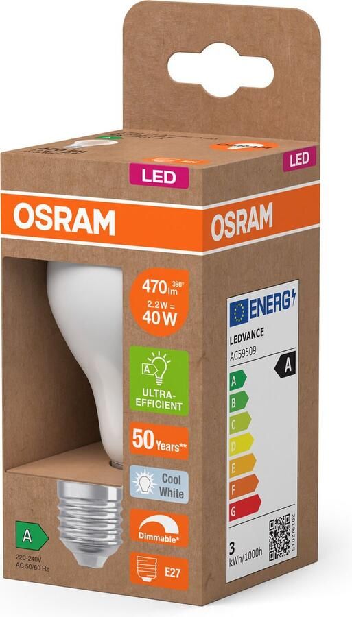 Osram Energy Class LED-Lampe in klassischer Kolbenform 2.2 W 470 lm EEK A kaltweißes Licht (4000 K) CRI 80 aus klarfarbenem bleifreiem Glas E27 Sockel IP20 60 mm Durchmesser dimmbar