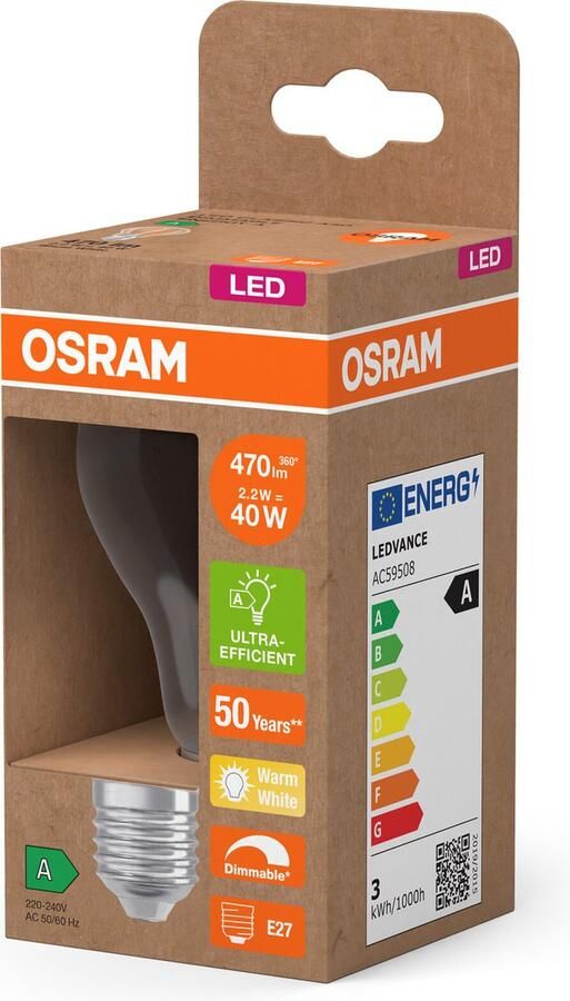 Osram Energy Class LED-Lampe in klassischer Kolbenform 2.2 W 470 lm EEK A warmweißes Licht (2700 K) CRI 80 aus klarfarbenem bleifreiem Glas E27 Sockel IP20 60 mm Durchmesser dimmbar