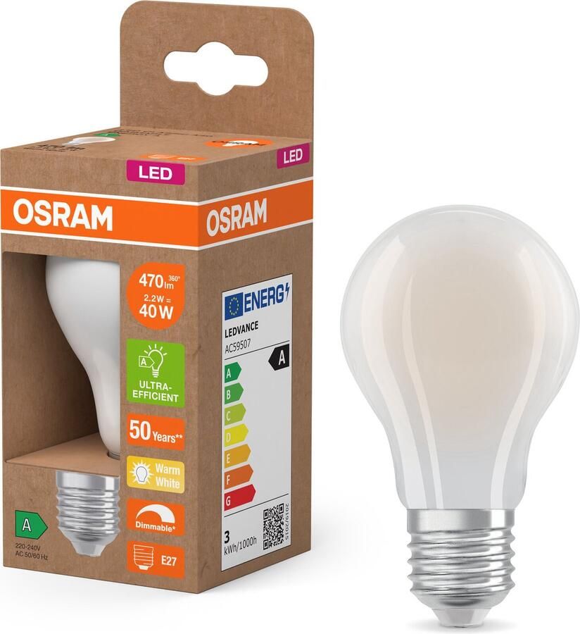 Osram Energy Class LED-Lampe in klassischer Kolbenform 2.2 W 470 lm EEK A warmweißes Licht (2700 K) CRI 80 aus gefrostetem bleifreiem Glas E27 Sockel IP20 60 mm Durchmesser dimmbar