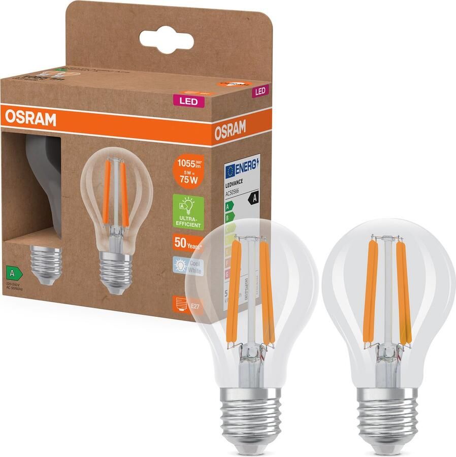 Osram Energy Class LED-Lampe in klassischer Kolbenform 5 W 1055 lm EEK A kaltweißes Licht (4000 K) CRI 80 aus klarfarbenem bleifreiem Glas E27 Sockel IP20 60 mm Durchmesser
