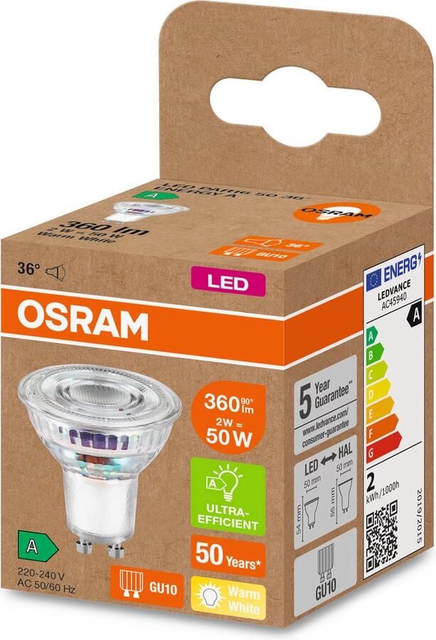 Osram LED-lamp Energielabel A (A G) GU10 Reflector 2 W = 50 W Warmwit (Ø x h) 50 mm x 50 mm 6 stuk(s)
