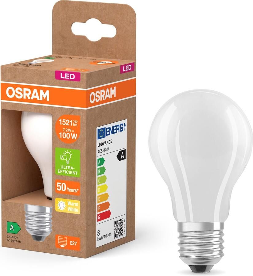 Osram LED Superstar Classic LED-Lampe A 100 in klassischer Kolbenform aus gefrostetem Glas 7.2 W 1521 lm E27 Fassung warmweißes Licht mit 2700 K EEK A 60 mm Durchmesser