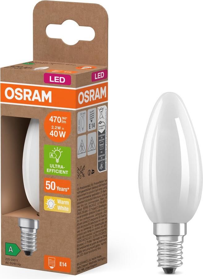 Osram LED Superstar Classic LED-Lampe B 40 in klassischer Minikerzenform aus gefrostetem Glas 2.2 W 470 lm E14 Fassung warmweißes Licht mit 2700 K EEK A 35 mm Durchmesser
