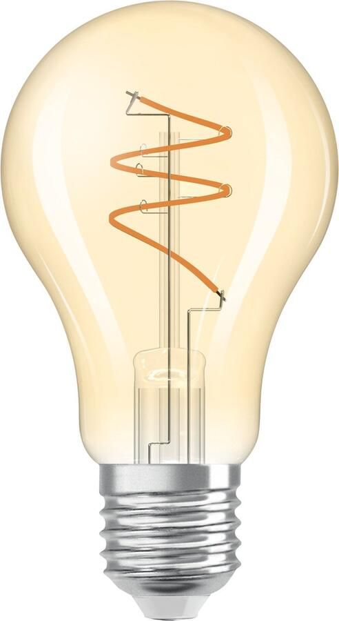 Osram Vintage 1906 Classic ist eine warmweiße LED-Lampe mit spiralförmigem Filament in klassischer Kolbenform. Sie bietet 4.9 W für 470 lm E27 Fassung goldfarbenes Glas 60 mm Durchmesser 2200 K
