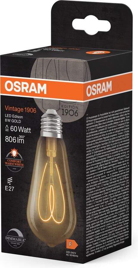 Osram Vintage 1906 Edison ist eine warmweiße dimmbare LED-Lampe in Edison-Kolbenform mit Filament. Sie bietet 8 W für 806 lm E27 Fassung goldfarbenes Glas 64 mm Durchmesser 2200 K EEK F