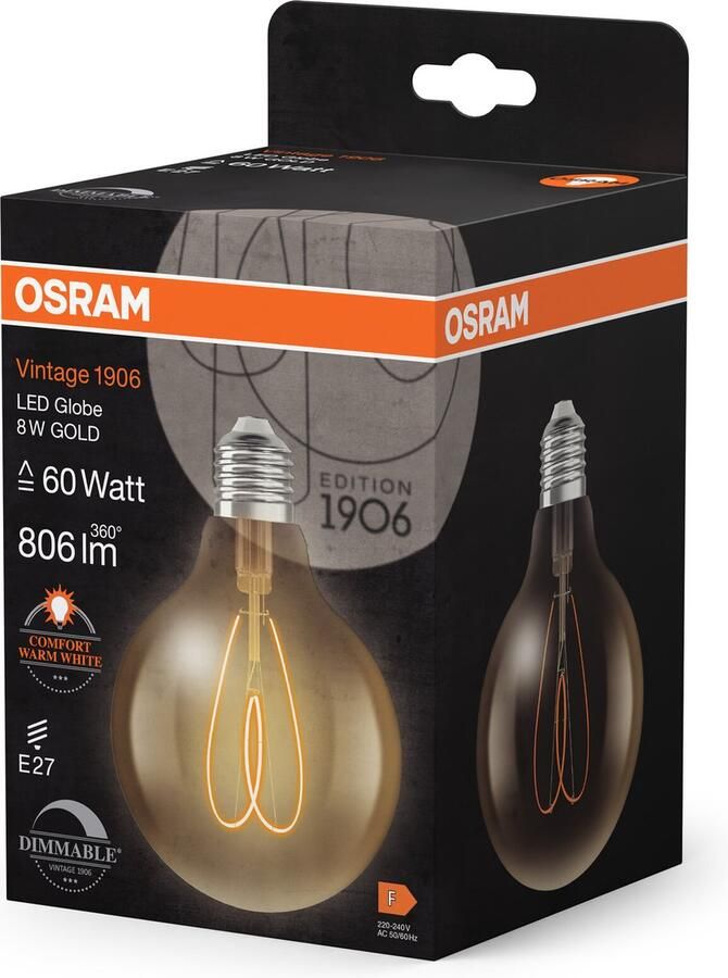 Osram Vintage 1906 Globe ist eine warmweiße dimmbare LED-Lampe in klassischer Ballform mit Filament. Sie bietet 8 W für 806 lm E27 Fassung goldfarbenes Glas 95 mm Durchmesser 2200 K EEK F