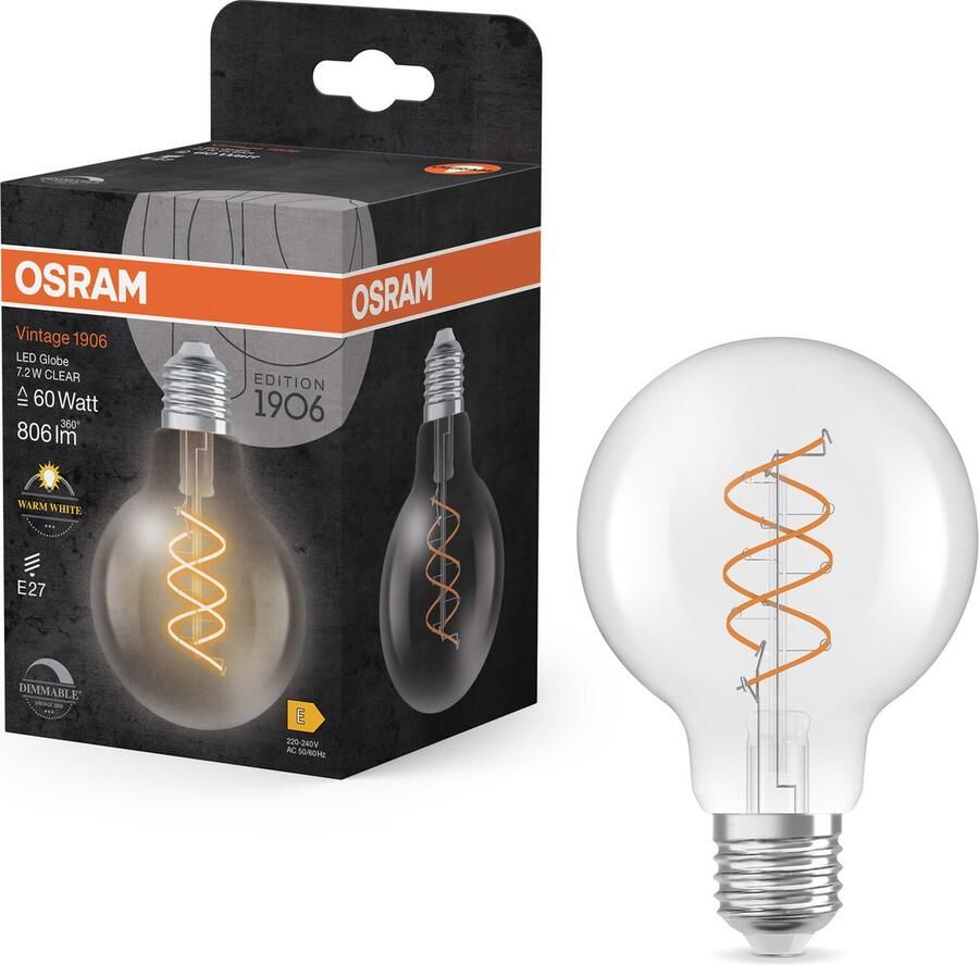 Osram Vintage 1906 Globe ist eine warmweiße dimmbare LED-Lampe in klassischer Ballform mit spiralförmigem Filament. Sie bietet 7.2 W für 806 lm E27 Fassung klarfarbenes Glas 80 mm Durchmesser