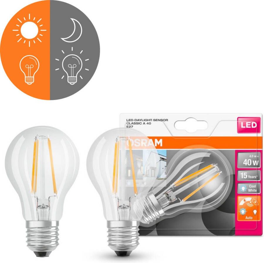 Osram Sensor Ledlamp E27 met schemersensor 4W 40W Koel wit licht 2 nachtsensor lampen