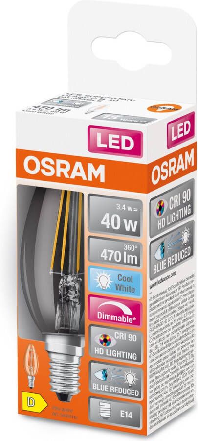 Osram Superstar dimbare LED lamp met bijzonder hoge kleurweergave (CRI9-) E14-basis Filament optiek Koud wit (4---K) 47- Lumen substituut voor 4-W-verlichtingsmiddel dimbaar 1-Pak