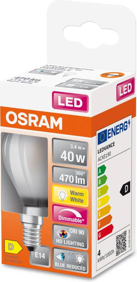 Osram Superstar dimbare LED lamp met bijzonder hoge kleurweergave (CRI9-) E14-basis matglas Warm wit (27--K) 47- Lumen substituut voor 4-W-verlichtingsmiddel dimbaar 1-Pak