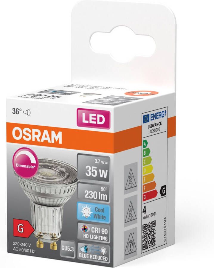 Osram Superstar dimbare LED lamp met bijzonder hoge kleurweergave (CRI9-) GU1--basis helder glas Koud wit (4---K) 23- Lumen substituut voor 35W-verlichtingsmiddel dimbaar 1-Pak