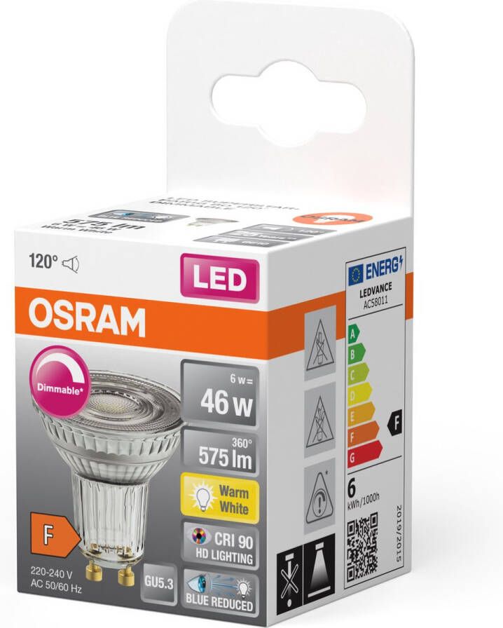 Osram Superstar dimbare LED lamp met bijzonder hoge kleurweergave (CRI9-) GU1--basis helder glas Warm wit (27--K) 575 Lumen substituut voor 46W-verlichtingsmiddel dimbaar 1-Pak