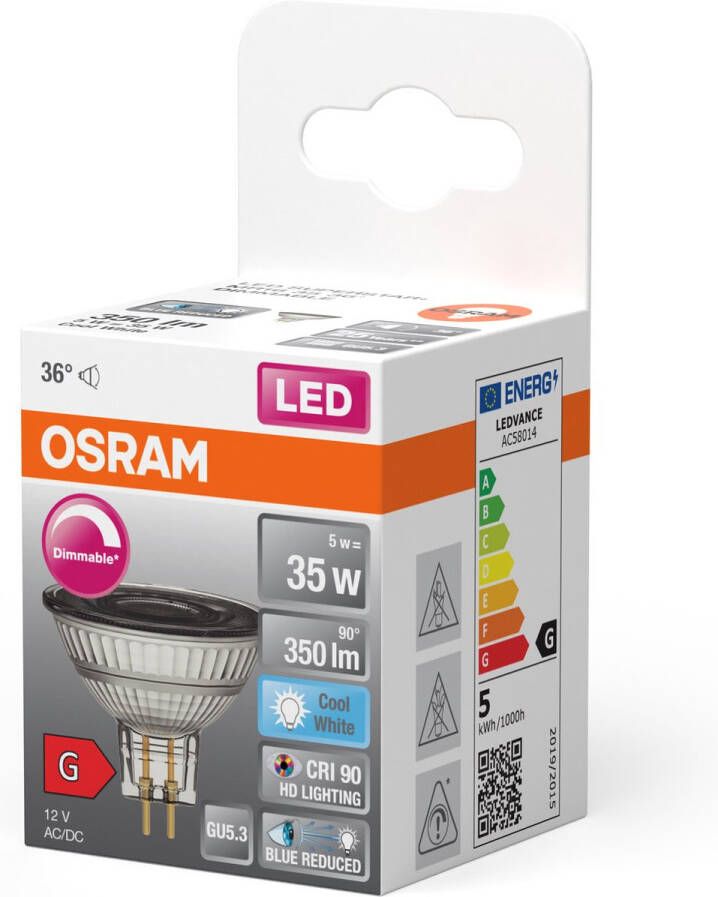 Osram Superstar dimbare LED lamp met bijzonder hoge kleurweergave (CRI9-) GU5.3-basis helder glas Koud wit (4---K) 35- Lumen substituut voor 35W-verlichtingsmiddel dimbaar 1-Pak