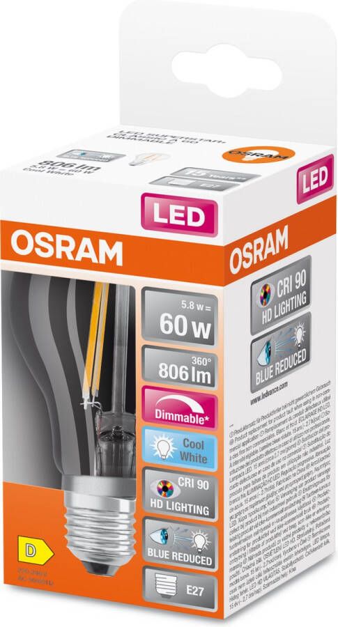 Osram Superstar dimbare LED lamp met extra hoge kleurweergave (CRI9-) E27-basis Filament optiek Koud wit (4---K) 8-6 Lumen substituut voor 6-W-verlichtingsmiddel dimbaar 1-Pak