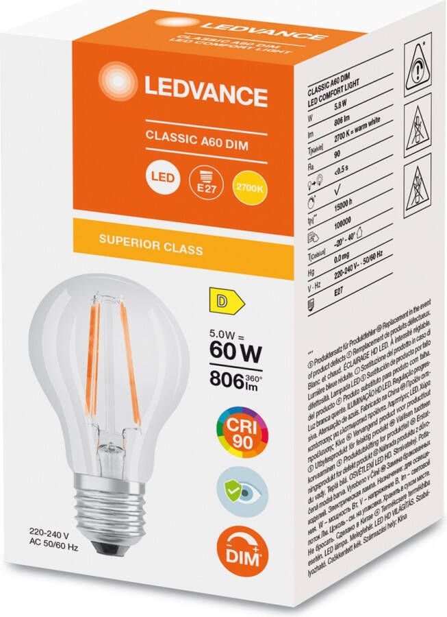 Osram Superstar dimbare LED lamp met extra hoge kleurweergave (CRI9-) E27-basis Filament optiek Warm wit (27--K) 8-6 Lumen substituut voor 6-W-verlichtingsmiddel dimbaar 1-Pak