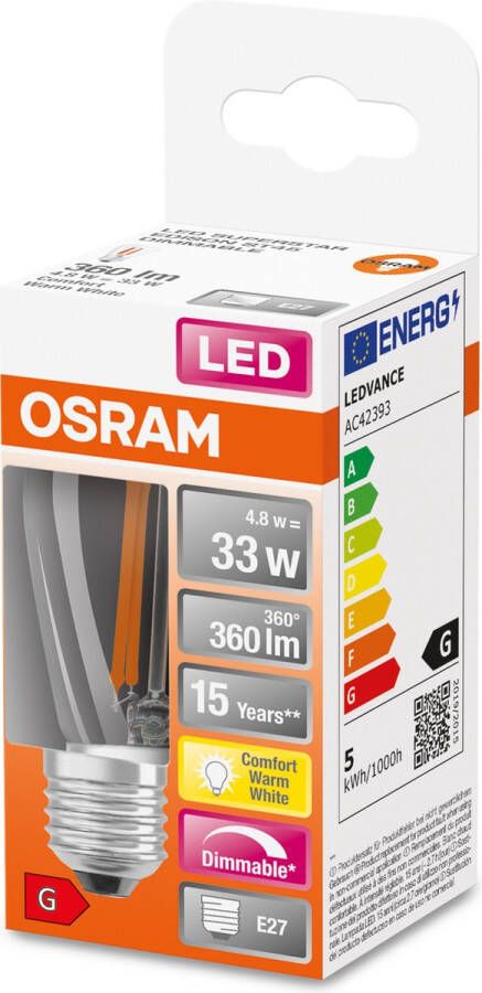 Osram Superstar LED lamp E27-basis helder glas Warm wit (22--K) 36- Lumen substituut voor 35W-verlichtingsmiddel dimbaar 1-Pak