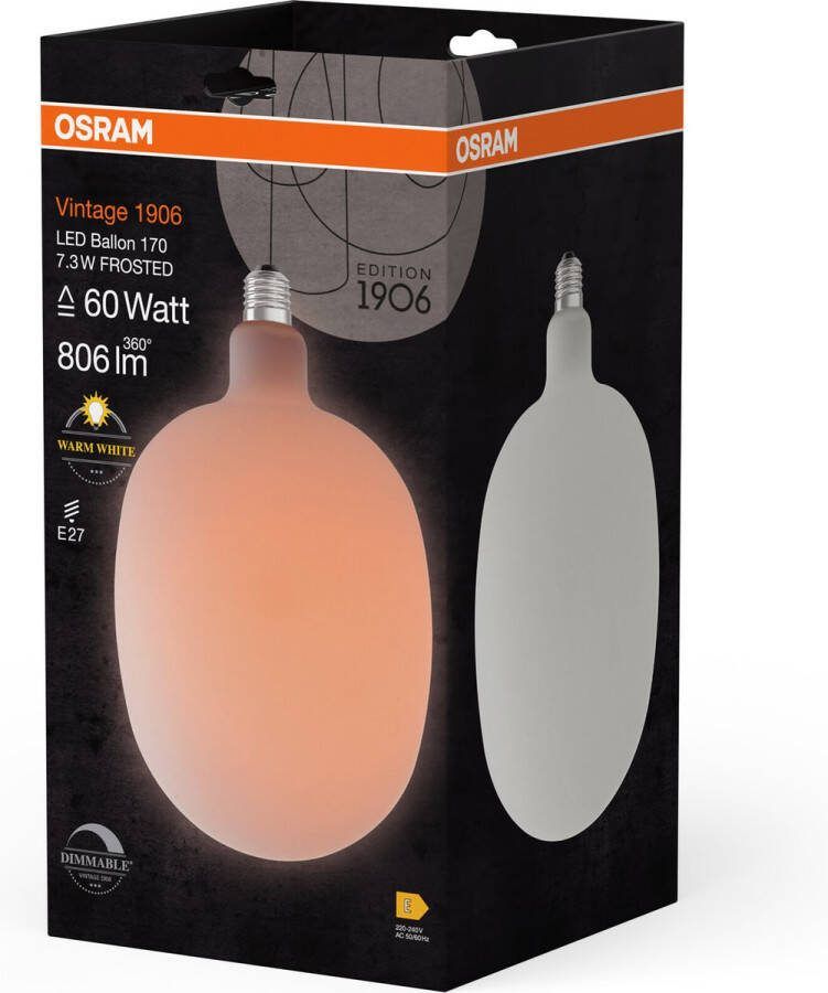 Osram Vintage 1906 Ballon ist eine dimmbare LED-Lampe mit Filament in Ballonform. Sie bietet 7.3 W für 806 lm E27 Fassung Frosted Glas 170 mm Durchmesser Farbwiedergabe CRI 80 2700 K EEK E