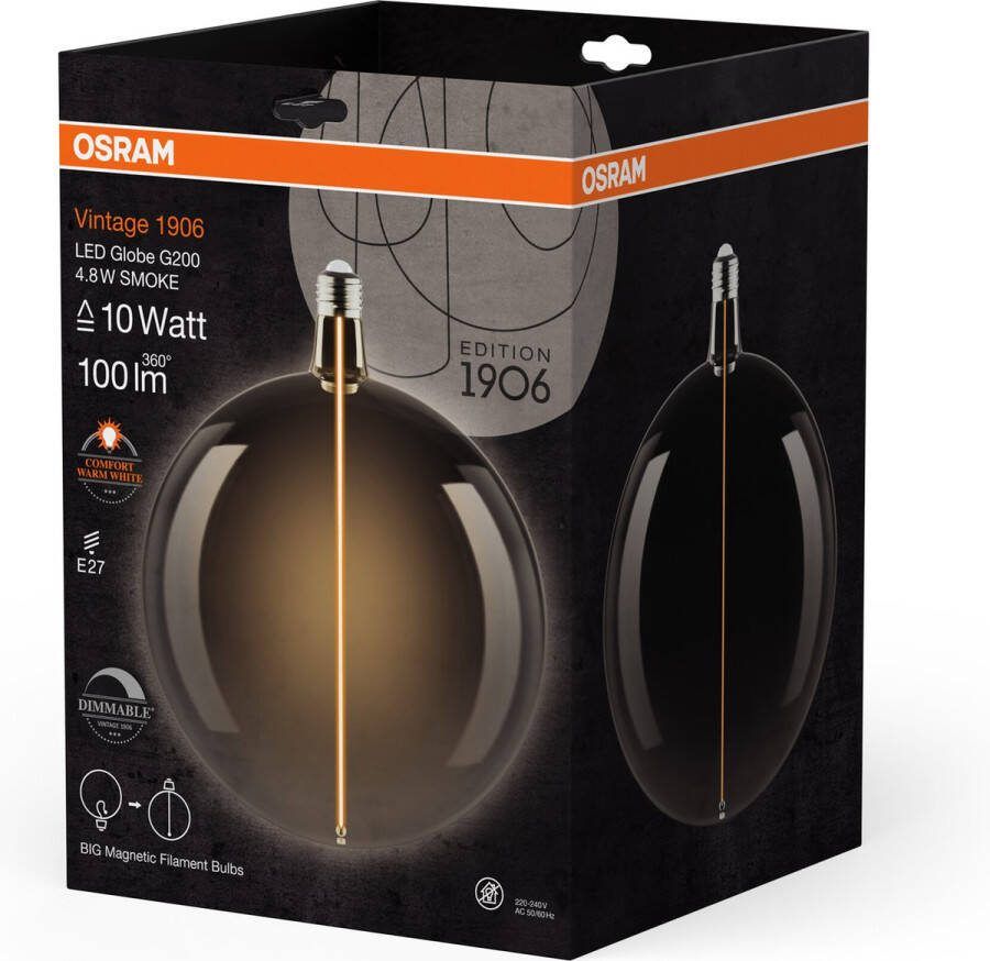Osram Vintage 1906 Big Globe ist eine dimmbare dekorative Lampe mit LED-Glüwendel-Magnet-Technologie. Sie bietet 4.8 W für 100 lm E27 Fassung Smoke Glas 200 mm Durchmesser Farbwiedergabe CRI 80
