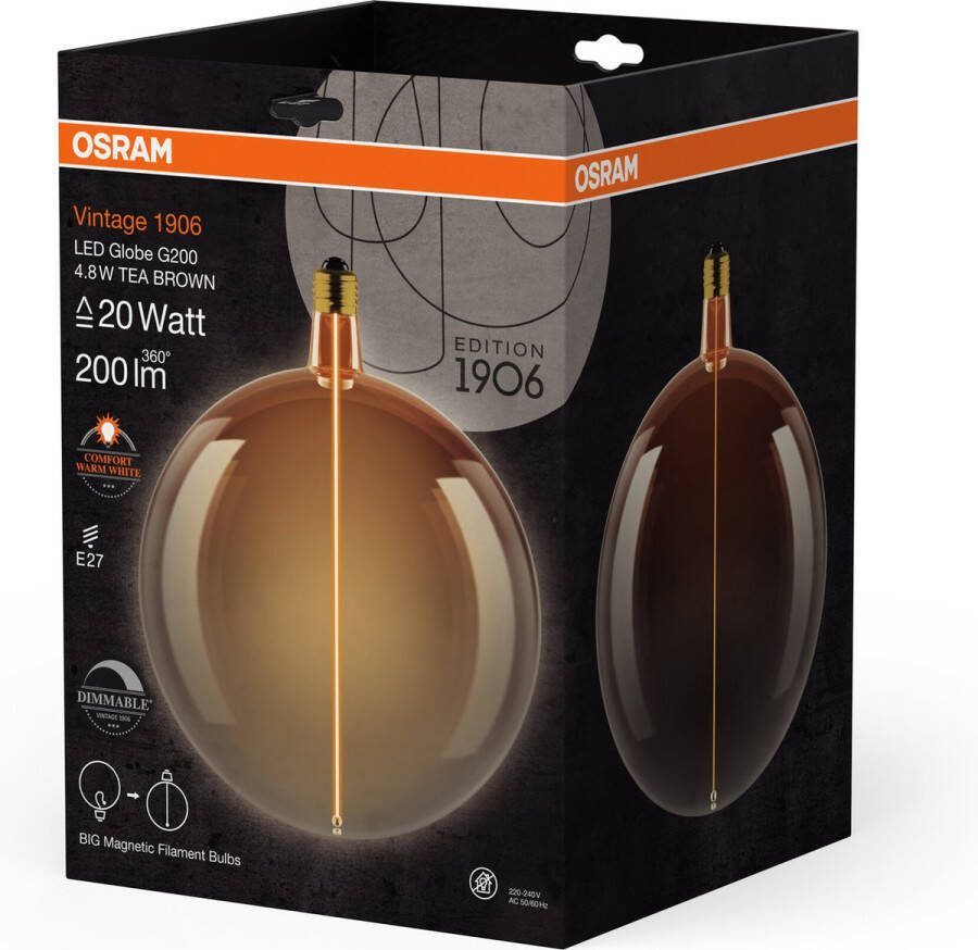 Osram Vintage 1906 Big Globe ist eine dimmbare dekorative Lampe mit LED-Glüwendel-Magnet-Technologie. Sie bietet 4.8 W für 200 lm E27 Fassung Tea Brown Glas 200 mm Durchmesser CRI 80