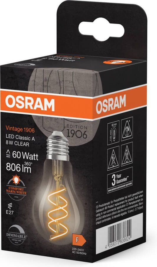 Osram Vintage 1906 Classic ist eine warmweiße dimmbare LED-Lampe in Kolbenform mit spiralförmigem Filament. Sie bietet 8 W für 806 lm E27 Fassung klarfarbenes Glas 60 mm Durchmesser 2200 K