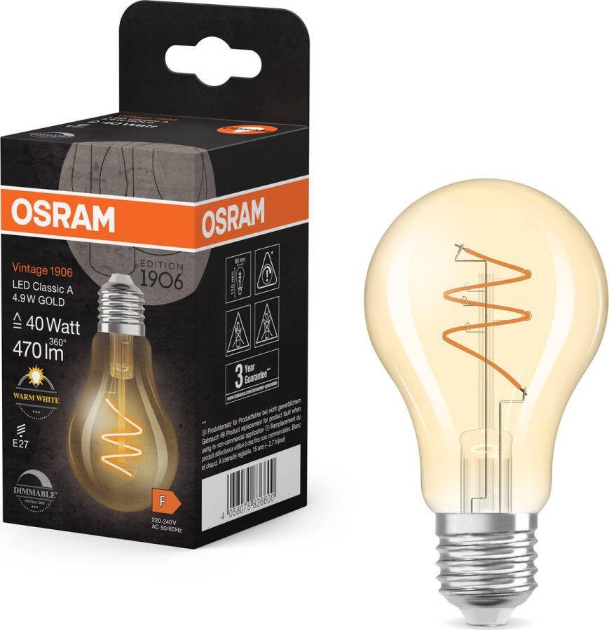 Osram Vintage 1906 Classic ist eine warmweiße dimmbare LED-Lampe in Kolbenform mit spiralförmigem Filament. Sie bietet 4.9 W für 470 lm E27 Fassung goldfarbenes Glas 60 mm Durchmesser 2700 K