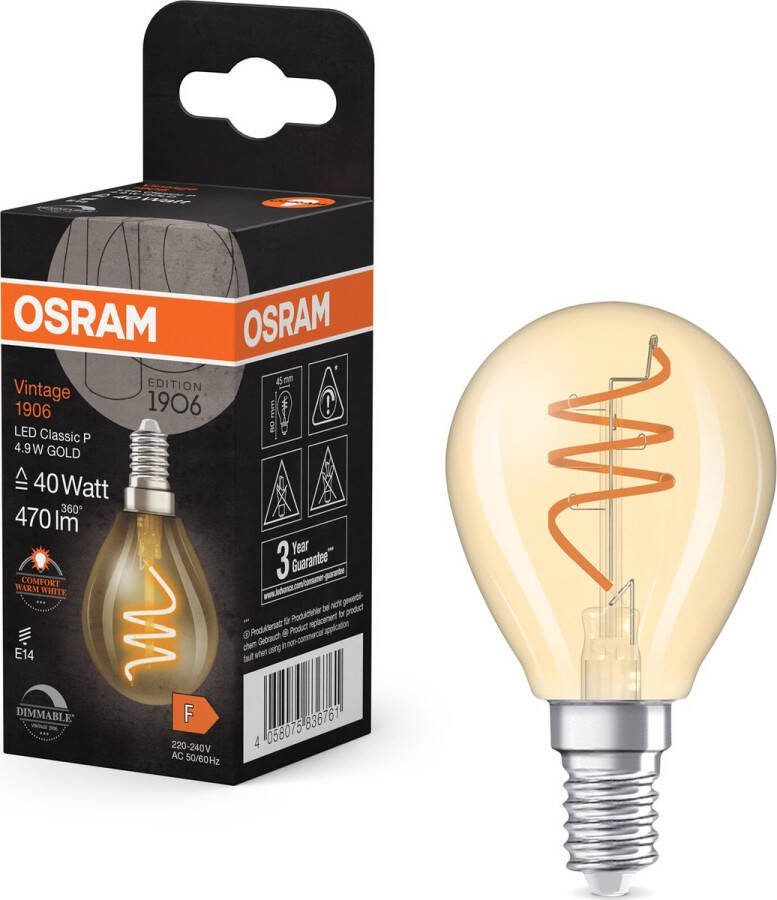 Osram Vintage 1906 Classic ist eine warmweiße dimmbare LED-Lampe in Miniballform mit spiralförmigem Filament. Sie bietet 4.9 W für 470 lm E14 Fassung goldfarbenes Glas 45 mm Durchmesser 2200 K