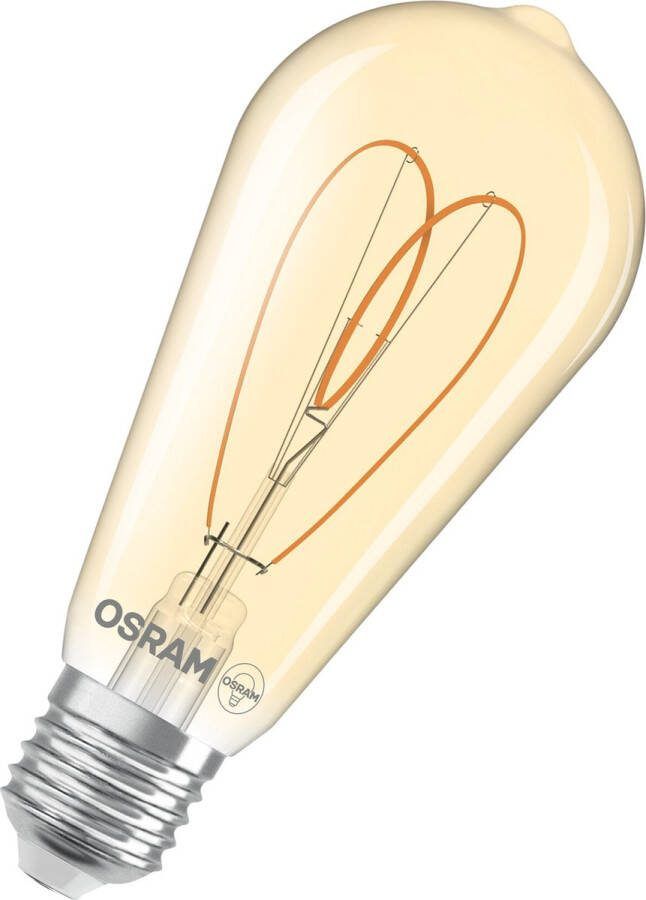 Osram Vintage 1906 Edison ist eine warmweiße dimmbare LED-Lampe in Edison-Kolbenform mit Filament. Sie bietet 4.9 W für 470 lm E27 Fassung goldfarbenes Glas 64 mm Durchmesser 2200 K EEK F