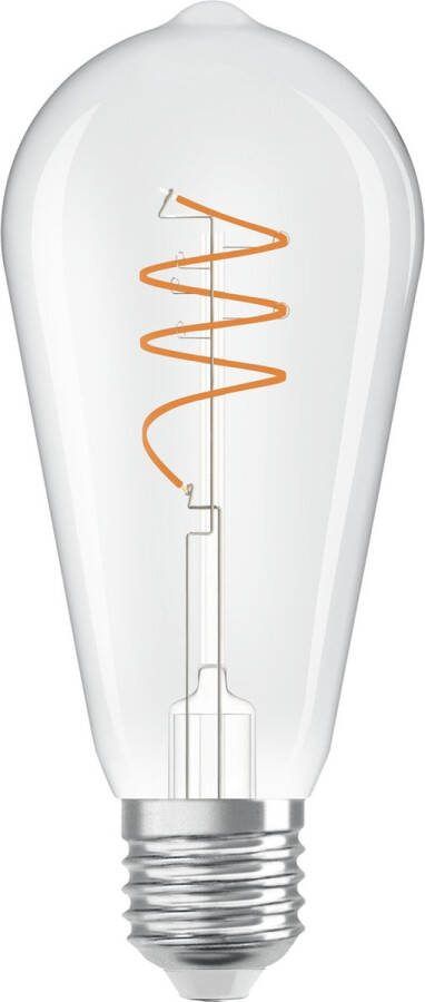 Osram Vintage 1906 Edison ist eine warmweiße LED-Lampe mit spiralförmigem Filament in Edison-Kolbenform. Sie bietet 3.4 W für 470 lm E27 Fassung klarfarbenes Glas 64 mm Durchmesser 2700 K