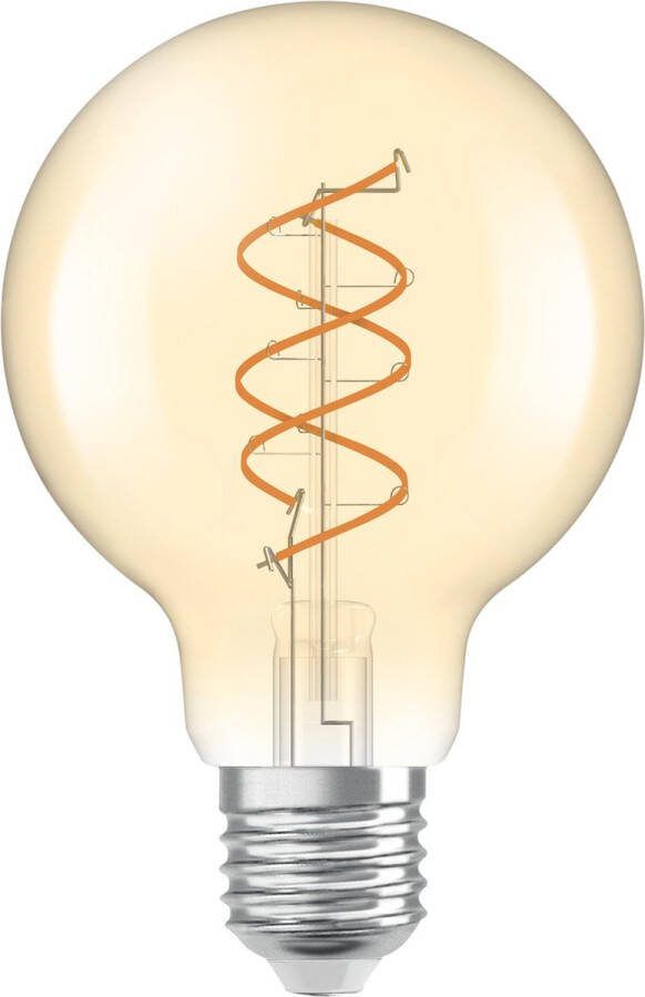 Osram Vintage 1906 Globe ist eine warmweiße dimmbare LED-Lampe in Ballform mit spiralförmigem Filament. Sie bietet 8 W für 806 lm E27 Fassung goldfarbenes Glas 80 mm Durchmesser 2200 K EEK F