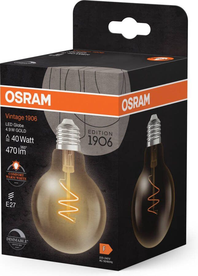 Osram Vintage 1906 Globe ist eine warmweiße dimmbare LED-Lampe in Ballform mit spiralförmigem Filament. Sie bietet 4.9 W für 470 lm E27 Fassung goldfarbenes Glas 80 mm Durchmesser 2200 K