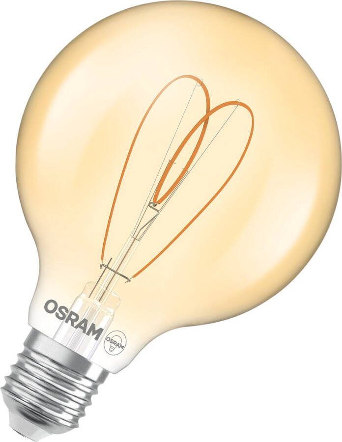 Osram Vintage 1906 Globe ist eine warmweiße dimmbare LED-Lampe in klassischer Ballform mit Filament. Sie bietet 4.9 W für 470 lm E27 Fassung goldfarbenes Glas 95 mm Durchmesser 2200 K EEK F