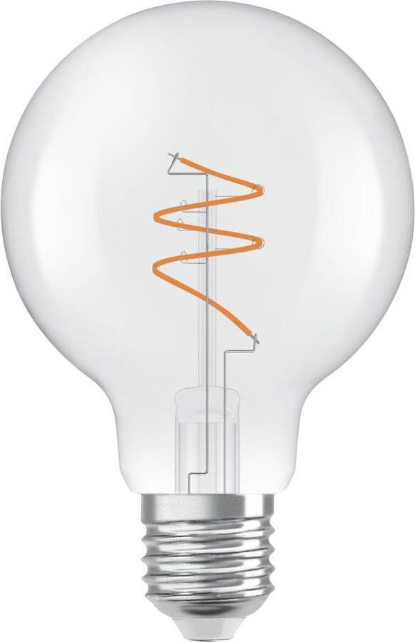 Osram Vintage 1906 Globe ist eine warmweiße dimmbare LED-Lampe in klassischer Ballform mit spiralförmigem Filament. Sie bietet 4.6 W für 470 lm E27 Fassung klarfarbenes Glas 80 mm Durchmesser