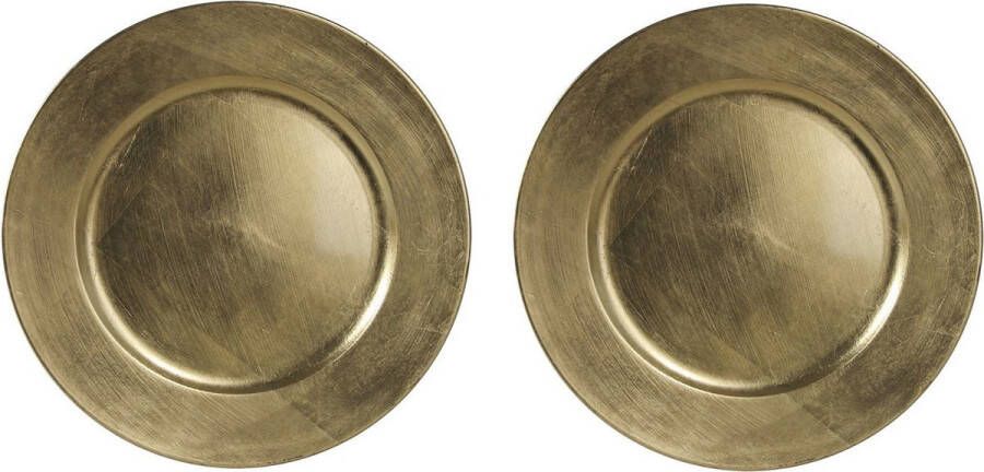 Othmara decorations 2x Ronde gouden diner borden glimmend 33 cm onderbord kaarsenbord onderzet bord voor kaarsen