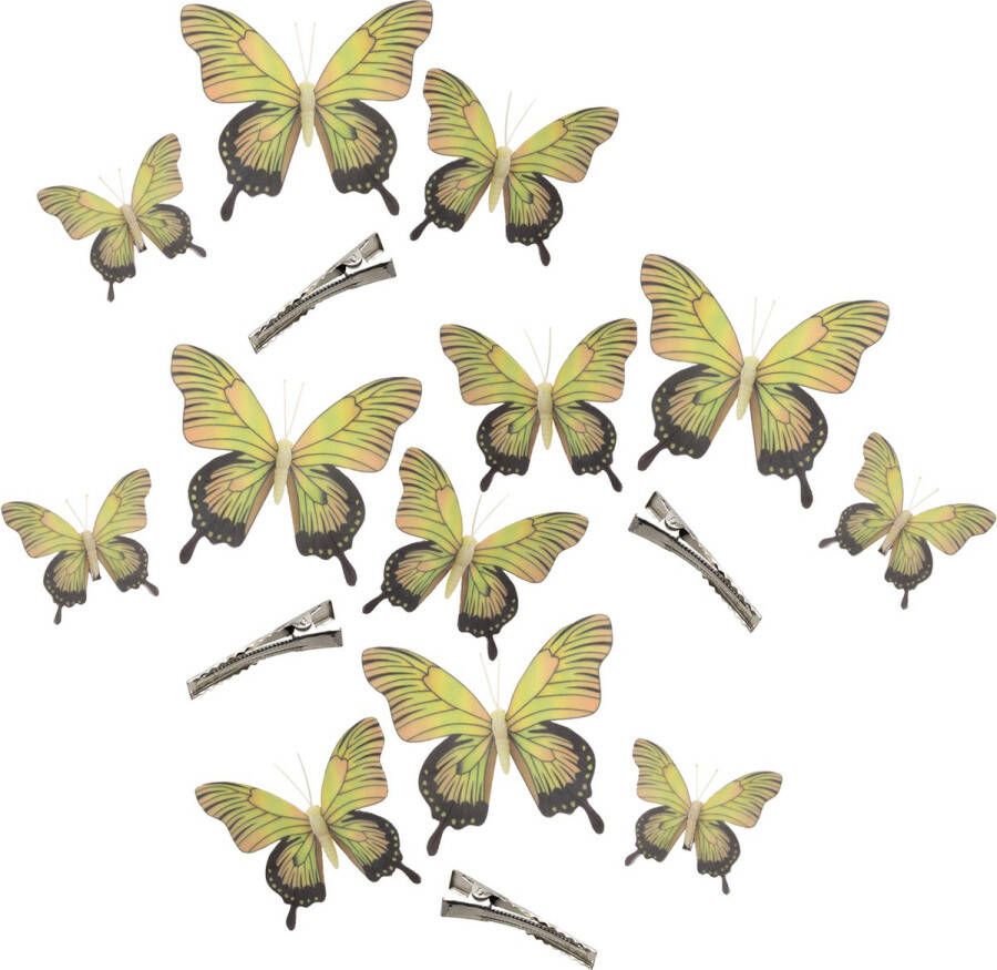Othmar decorations 12x stuks decoratie vlinders op clip geel 3 formaten 12 16 20 cm Hobbydecoratieobject