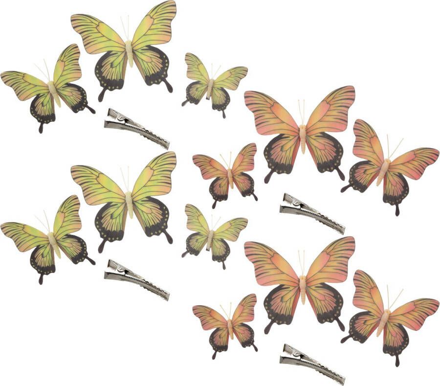 Othmar decorations Decoratie vlinders op clip 12x stuks geel geel-roze 12 16 20 cm Hobbydecoratieobject