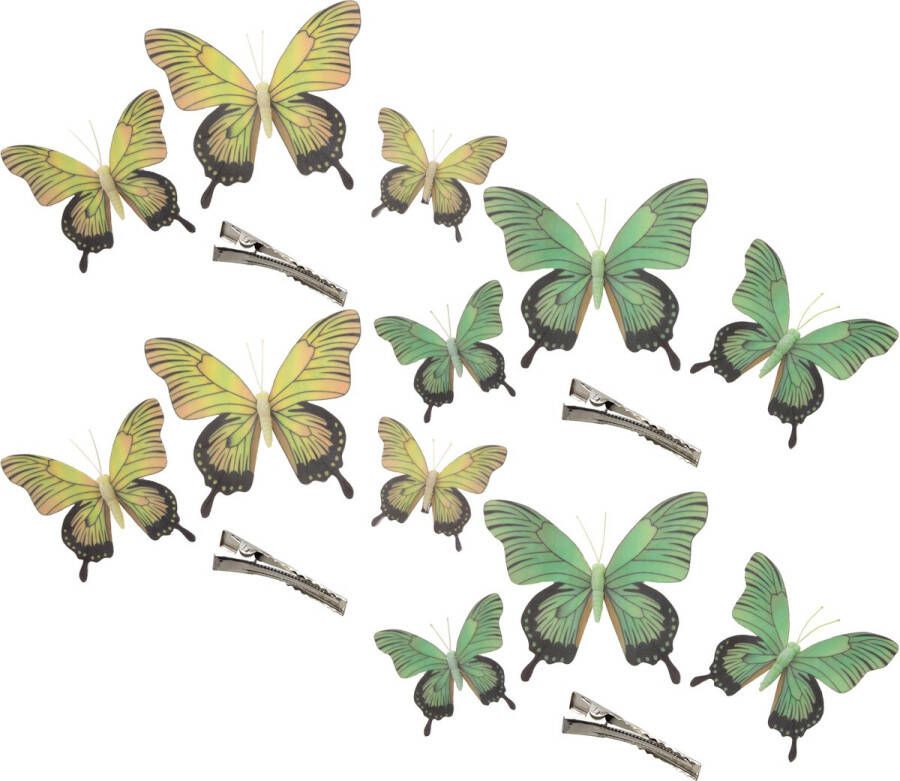 Othmar decorations Decoratie vlinders op clip 12x stuks geel groen 12 16 20 cm Hobbydecoratieobject