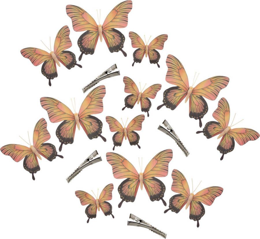 Othmar decorations 12x stuks decoratie vlinders op clip geel roze 3 formaten 12 16 20 cm Hobbydecoratieobject