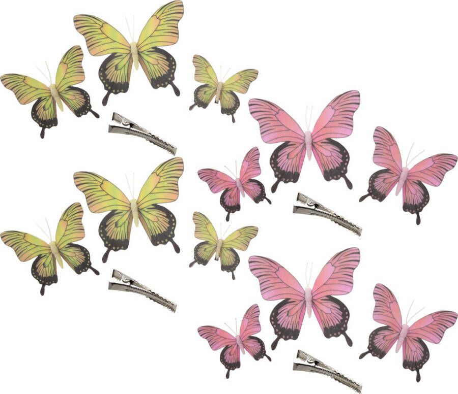Othmar decorations Decoratie vlinders op clip 12x stuks geel roze 12 16 20 cm Hobbydecoratieobject