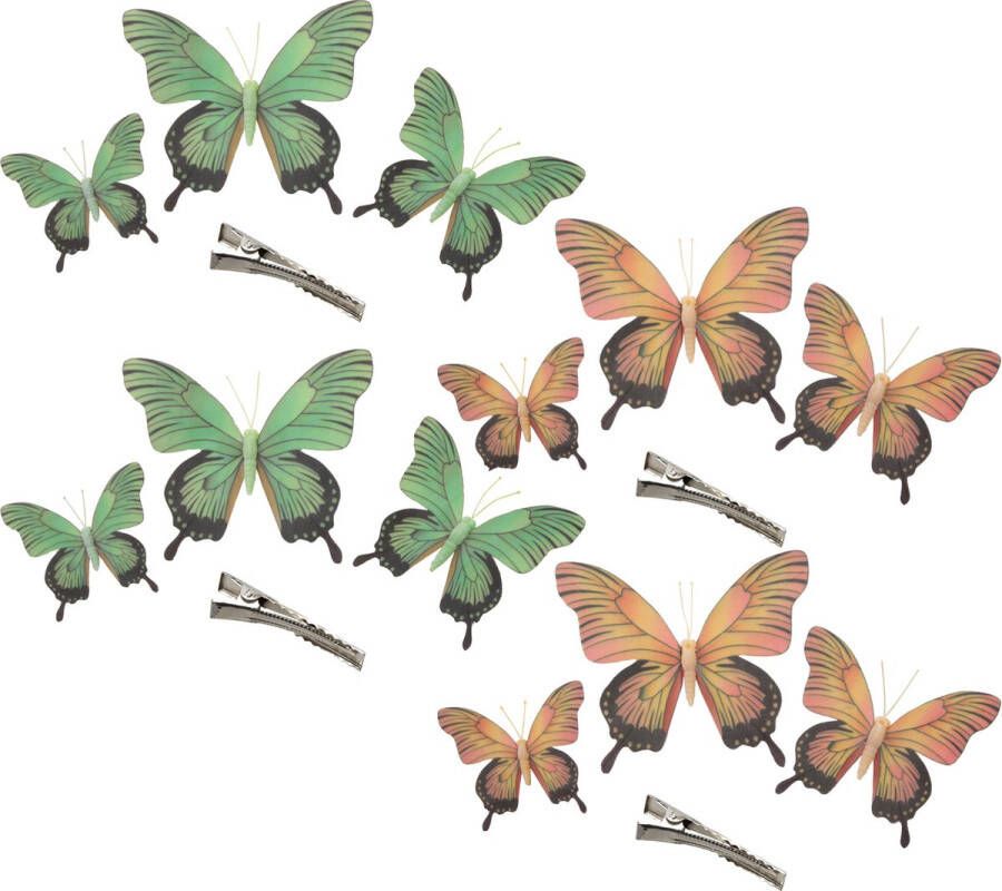 Othmar decorations Decoratie vlinders op clip 12x stuks groen geel-roze 12 16 20 cm Hobbydecoratieobject