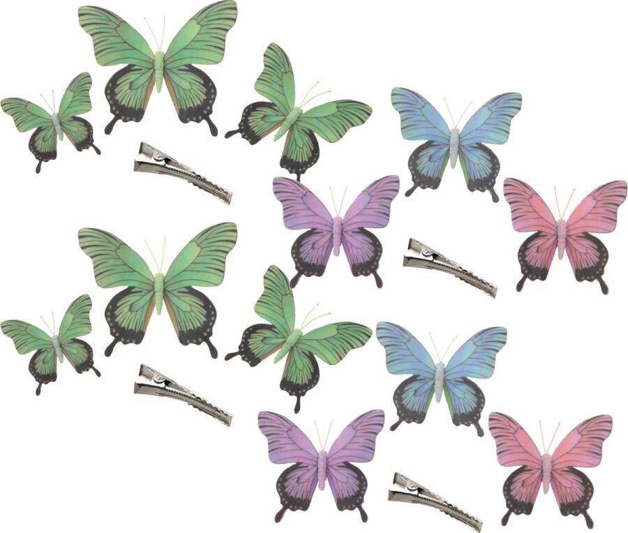 Othmar decorations Decoratie vlinders op clip 12x stuks groen paars blauw roze Hobbydecoratieobject