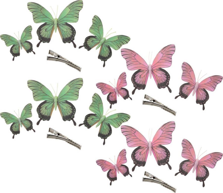 Othmar decorations Decoratie vlinders op clip 12x stuks groen roze 12 16 20 cm Hobbydecoratieobject