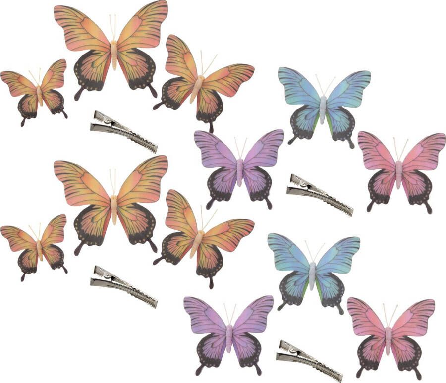 Othmar decorations Decoratie vlinders op clip 12x stuks paars blauw roze geel Hobbydecoratieobject
