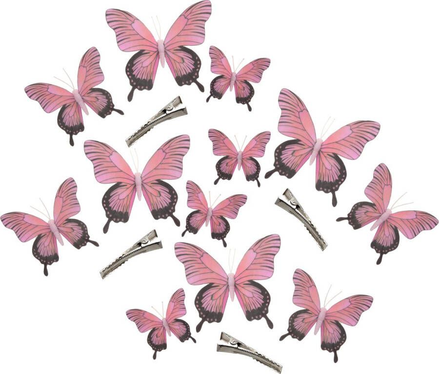 Othmar decorations 12x stuks decoratie vlinders op clip roze 3 formaten 12 16 20 cm Hobbydecoratieobject