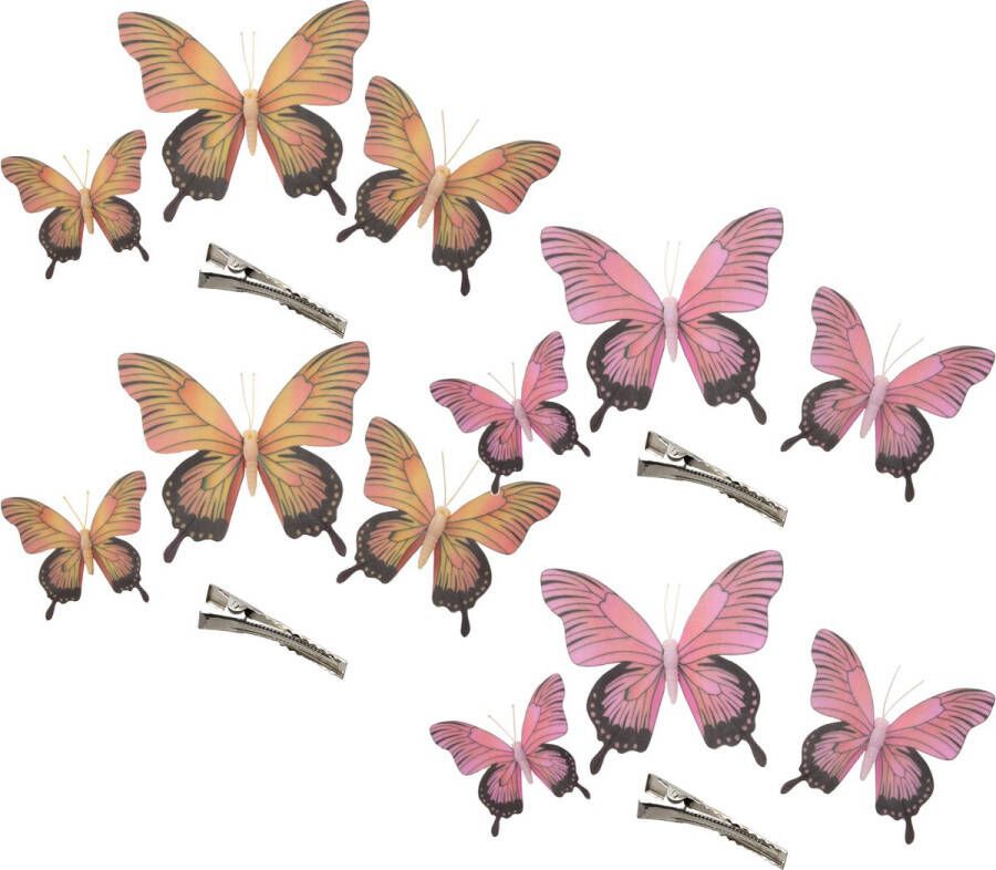 Othmar decorations Decoratie vlinders op clip 12x stuks roze geel-roze 12 16 20 cm Hobbydecoratieobject