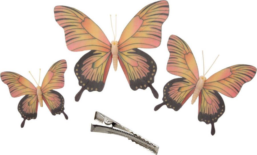 Othmar decorations 3x stuks decoratie vlinders op clip geel roze 3 formaten 12 16 20 cm Hobbydecoratieobject